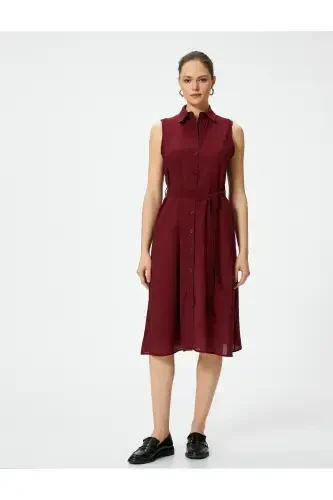 Midi Shirt Dress Unlined Thin Fabric Buttoned Belted Viscose-Burgundy - 3