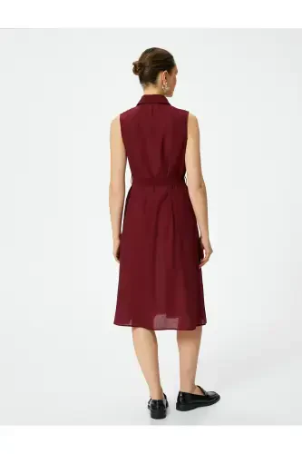 Midi Shirt Dress Unlined Thin Fabric Buttoned Belted Viscose-Burgundy - 4