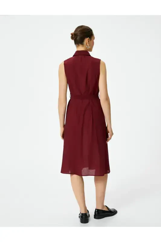 Midi Shirt Dress Unlined Thin Fabric Buttoned Belted Viscose-Burgundy - 4