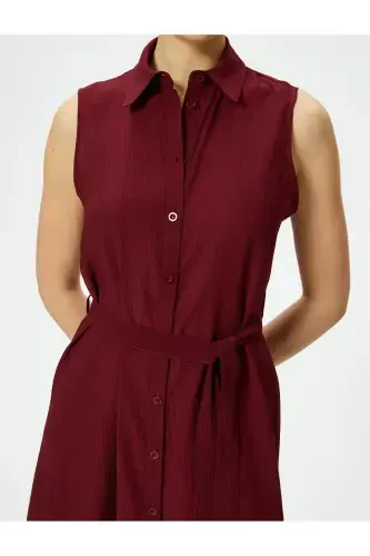 Midi Shirt Dress Unlined Thin Fabric Buttoned Belted Viscose-Burgundy - 5