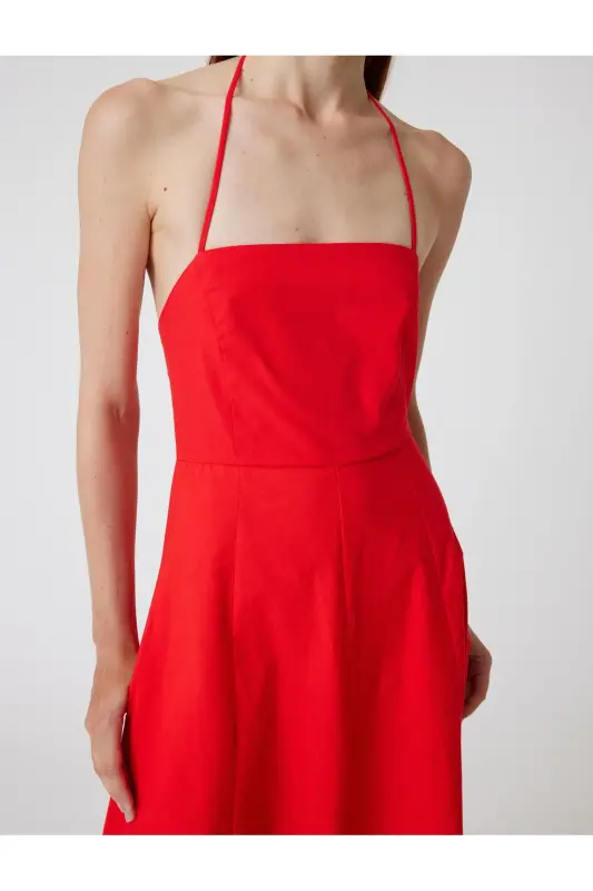 Midi Size Embroidered Dress Lined Neck Tie with Pockets - 5