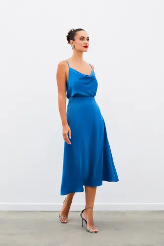 Midi Size Satin Skirt - INDIGO-INDIGO 