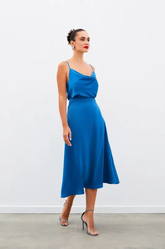 Midi Size Satin Skirt - INDIGO-INDIGO - 1