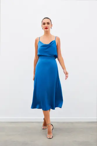 Midi Size Satin Skirt - INDIGO-INDIGO - SATEEN (1)
