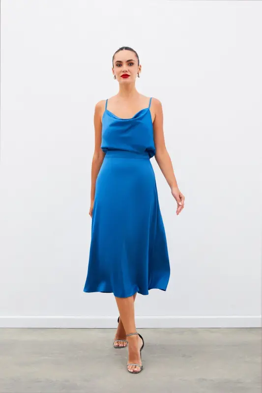 Midi Size Satin Skirt - INDIGO-INDIGO - 2