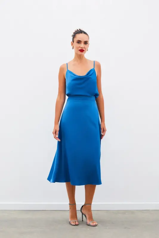 Midi Size Satin Skirt - INDIGO-INDIGO - 3