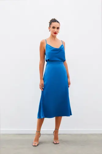 Midi Size Satin Skirt - INDIGO-INDIGO - 4