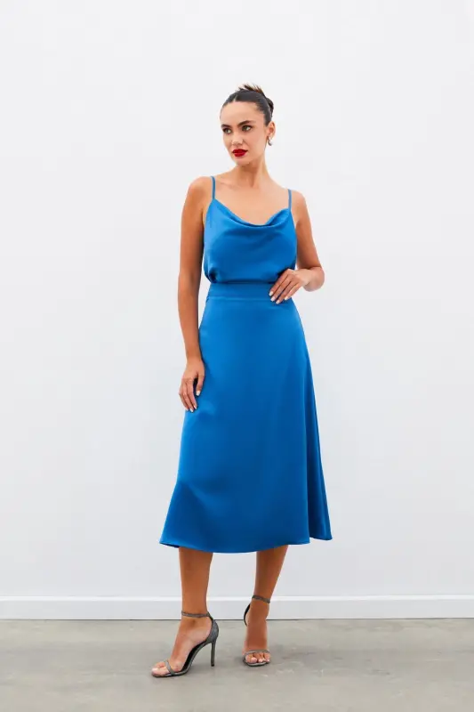 Midi Size Satin Skirt - INDIGO-INDIGO - 5