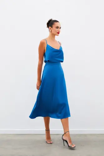 Midi Size Satin Skirt - INDIGO-INDIGO - 6