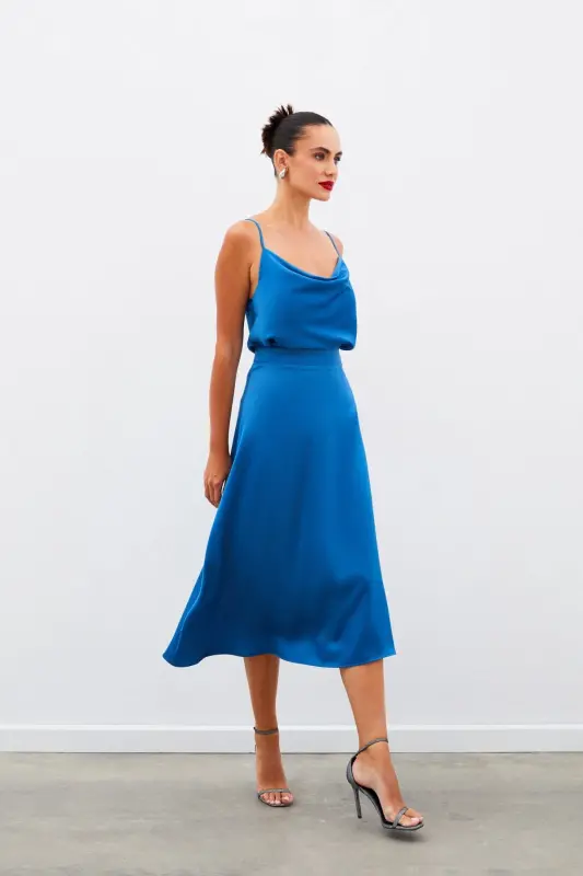 Midi Size Satin Skirt - INDIGO-INDIGO - 6