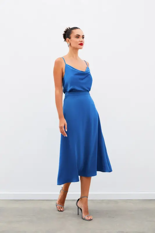 Midi Size Satin Skirt - INDIGO-INDIGO - 1