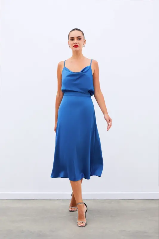 Midi Size Satin Skirt - INDIGO-INDIGO - 2