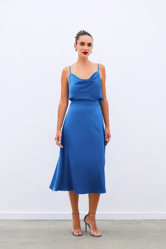Midi Size Satin Skirt - INDIGO-INDIGO - 3