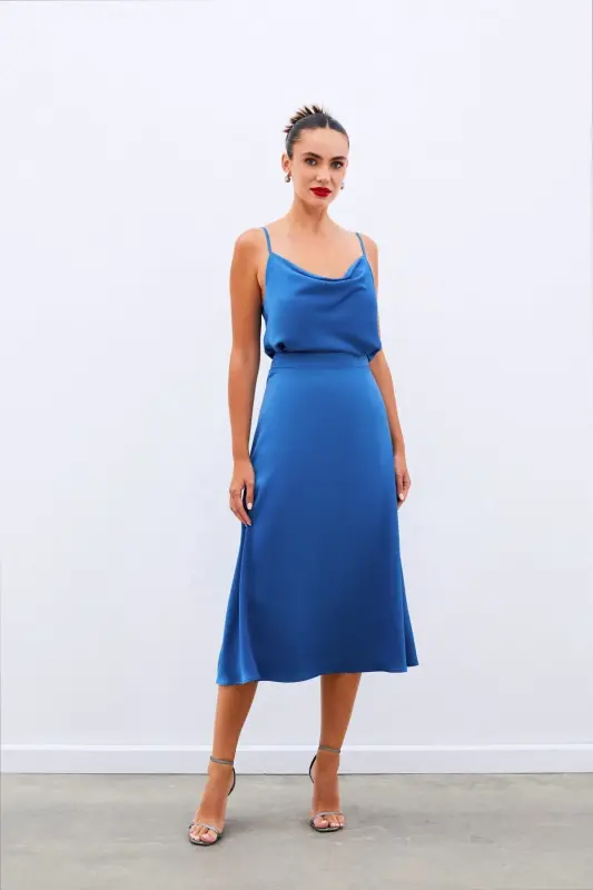 Midi Size Satin Skirt - INDIGO-INDIGO - 4