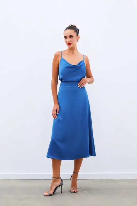Midi Size Satin Skirt - INDIGO-INDIGO - 5