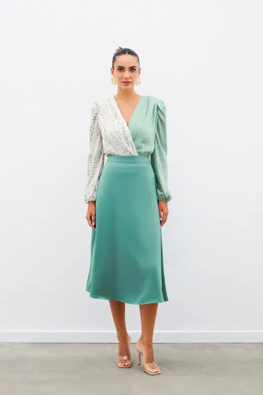 Midi Size Satin Skirt - KHAKI-KHAKI - 2