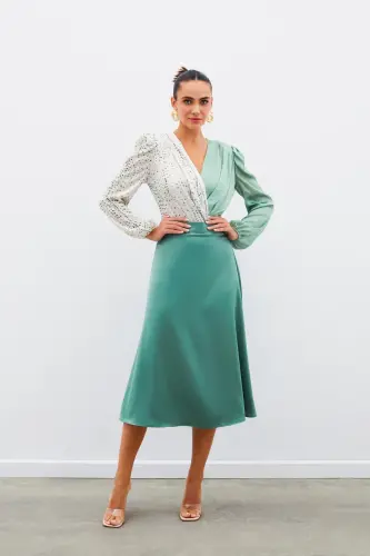 Midi Size Satin Skirt - KHAKI-KHAKI - 3