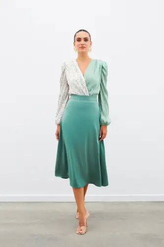 Midi Size Satin Skirt - KHAKI-KHAKI - 4