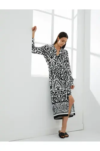Midi Size Shirt Dress Viscose Ethnic Patterned Belted Buttoned Long Sleeved - 1