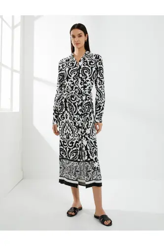 Midi Size Shirt Dress Viscose Ethnic Patterned Belted Buttoned Long Sleeved - 3