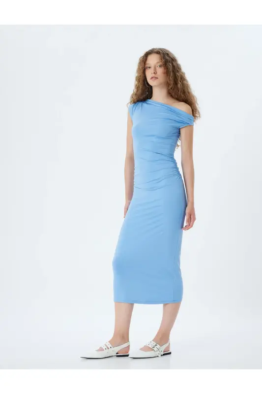 Midi Slip Elbise Asimetrik Yaka Drapeli Kolsuz Slim Fit-Mavi - 2