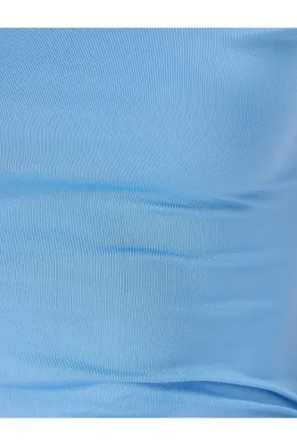 Midi Slip Elbise Asimetrik Yaka Drapeli Kolsuz Slim Fit-Mavi - 6