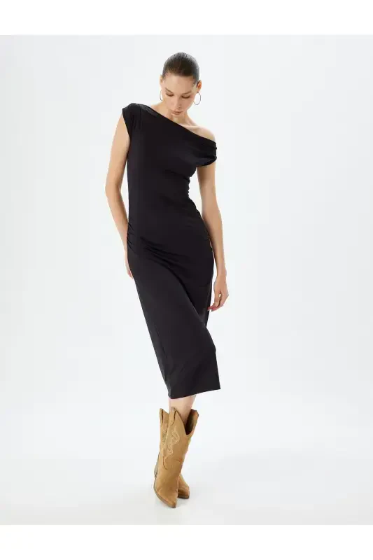 Midi Slip Ko'ylak Assimetrik Yoqali Drapeyli Yengsiz Slim Fit-Qora - KOTON