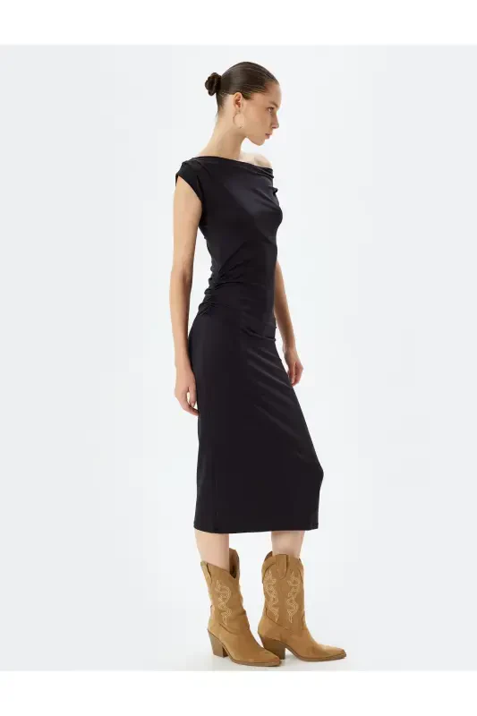 Midi Slip Ko'ylak Assimetrik Yoqali Drapeyli Yengsiz Slim Fit-Qora - 2