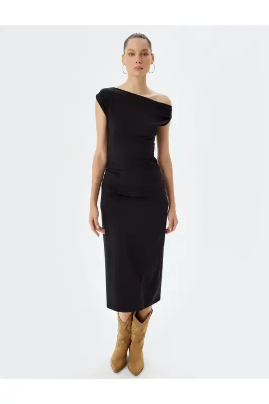 Midi Slip Ko'ylak Assimetrik Yoqali Drapeyli Yengsiz Slim Fit-Qora - 3