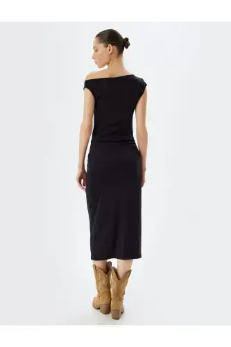 Midi Slip Ko'ylak Assimetrik Yoqali Drapeyli Yengsiz Slim Fit-Qora - 4