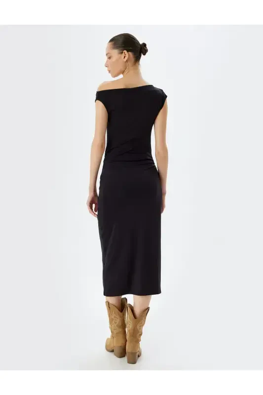 Midi Slip Ko'ylak Assimetrik Yoqali Drapeyli Yengsiz Slim Fit-Qora - 4