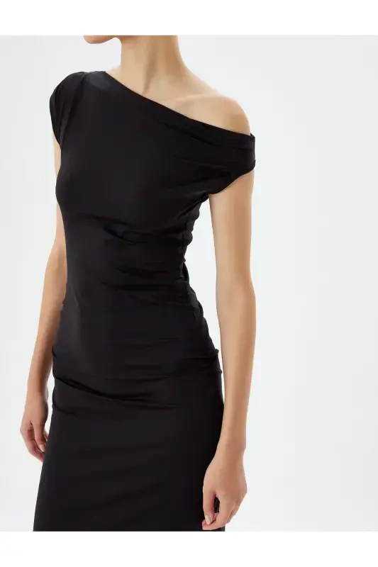 Midi Slip Ko'ylak Assimetrik Yoqali Drapeyli Yengsiz Slim Fit-Qora - 5