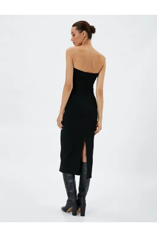 Midi Strapless Dress Viscose Blend Slit Detailed - 3