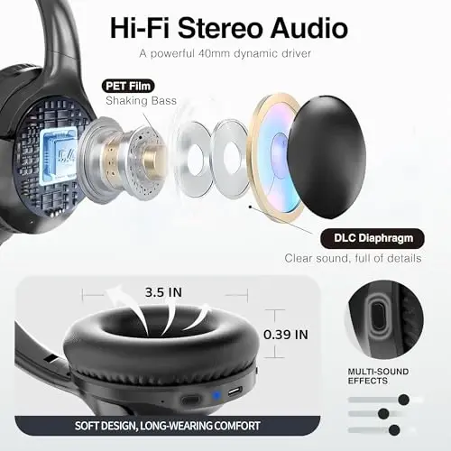 MIDOLA Bluetooth Headphones Over Ear 68H Playtime 6 EQ Wireless Headset with Microphone HiFi Stereo Foldable Lightweight Deep Bass for Travel Home Office Cellphone Black - 5