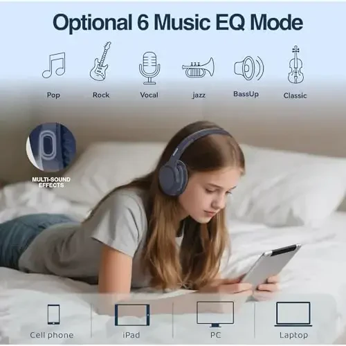 MIDOLA Bluetooth Headphones Over Ear 68H Playtime 6 EQ Wireless Headset with Microphone HiFi Stereo Foldable Lightweight Deep Bass for Travel Home Office Cellphone Blue - 3