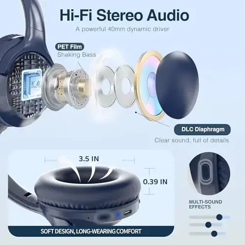 MIDOLA Bluetooth Headphones Over Ear 68H Playtime 6 EQ Wireless Headset with Microphone HiFi Stereo Foldable Lightweight Deep Bass for Travel Home Office Cellphone Blue - 4