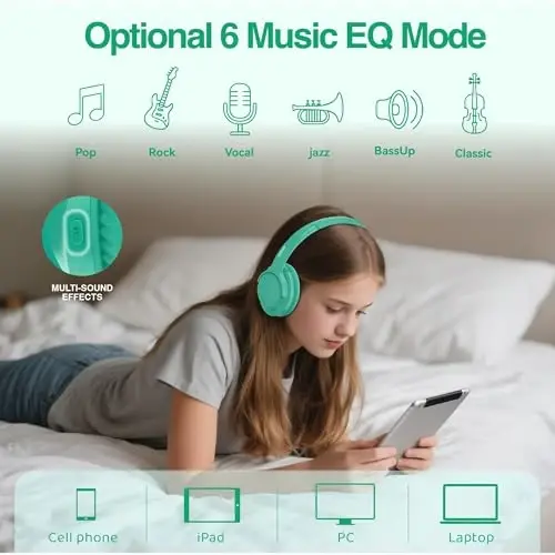 MIDOLA Bluetooth Headphones Over Ear 68H Playtime 6 EQ Wireless Headset with Microphone HiFi Stereo Foldable Lightweight Deep Bass for Travel Home Office Cellphone Cyan - 4