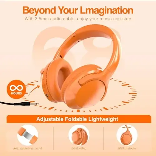 MIDOLA Bluetooth Headphones Over Ear 68H Playtime 6 EQ Wireless Headset with Microphone HiFi Stereo Foldable Lightweight Deep Bass for Travel Home Office Cellphone Orange - 6