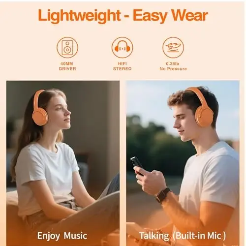 MIDOLA Bluetooth Headphones Over Ear 68H Playtime 6 EQ Wireless Headset with Microphone HiFi Stereo Foldable Lightweight Deep Bass for Travel Home Office Cellphone Orange - 3