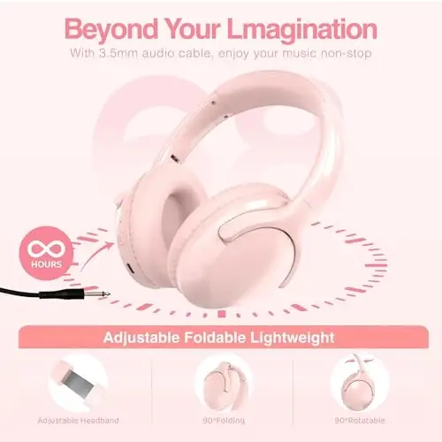 MIDOLA Bluetooth Headphones Over Ear 68H Playtime 6 EQ Wireless Headset with Microphone HiFi Stereo Foldable Lightweight Deep Bass for Travel Home Office Cellphone Pink - 6