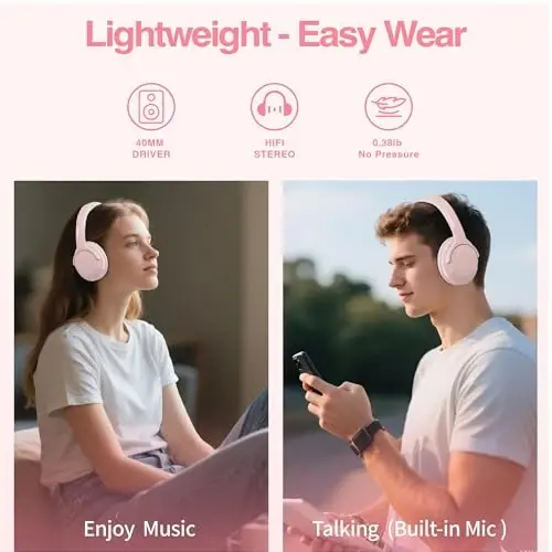 MIDOLA Bluetooth Headphones Over Ear 68H Playtime 6 EQ Wireless Headset with Microphone HiFi Stereo Foldable Lightweight Deep Bass for Travel Home Office Cellphone Pink - 3
