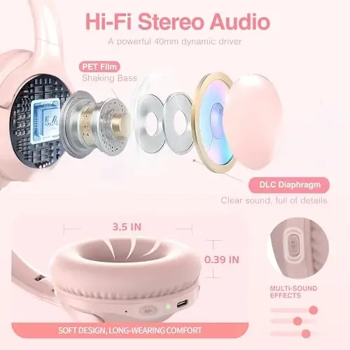 MIDOLA Bluetooth Headphones Over Ear 68H Playtime 6 EQ Wireless Headset with Microphone HiFi Stereo Foldable Lightweight Deep Bass for Travel Home Office Cellphone Pink - 5