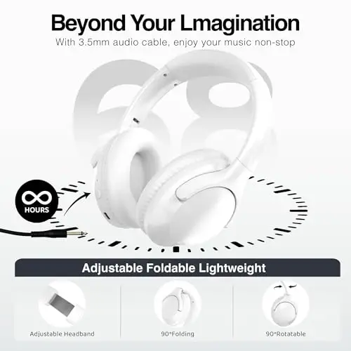 MIDOLA Bluetooth Headphones Over Ear 68H Playtime 6 EQ Wireless Headset with Microphone HiFi Stereo Foldable Lightweight Deep Bass for Travel Home Office Cellphone White - 6