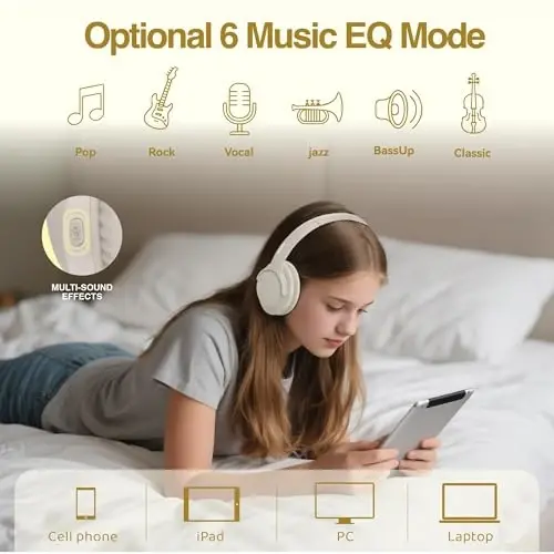 MIDOLA Bluetooth Headphones Over Ear 68H Playtime 6 EQ Wireless Headset with Microphone HiFi Stereo Foldable Lightweight Deep Bass for Travel Home Office Cellphone Milk White - 4