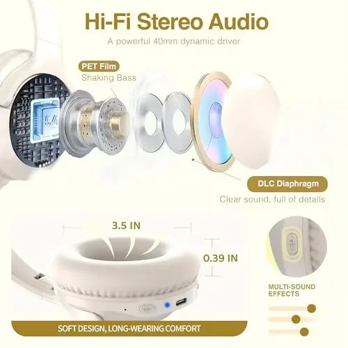 MIDOLA Bluetooth Headphones Over Ear 68H Playtime 6 EQ Wireless Headset with Microphone HiFi Stereo Foldable Lightweight Deep Bass for Travel Home Office Cellphone Milk White - 5