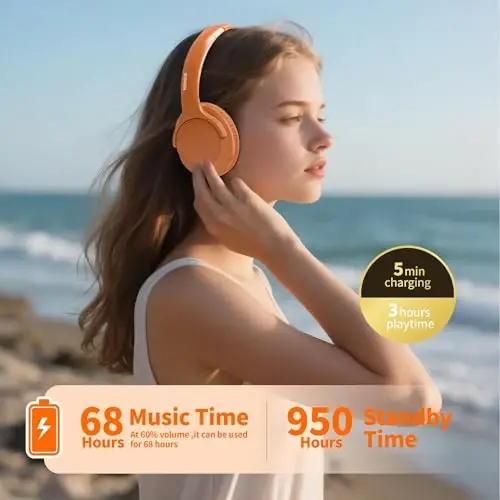 MIDOLA Bluetooth Headphones Over Ear 68H Playtime 6 EQ Wireless Headset with Microphone HiFi Stereo Foldable Lightweight Deep Bass for Travel Home Office Cellphone Orange - 2
