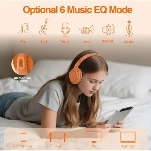 MIDOLA Bluetooth Headphones Over Ear 68H Playtime 6 EQ Wireless Headset with Microphone HiFi Stereo Foldable Lightweight Deep Bass for Travel Home Office Cellphone Orange - 4
