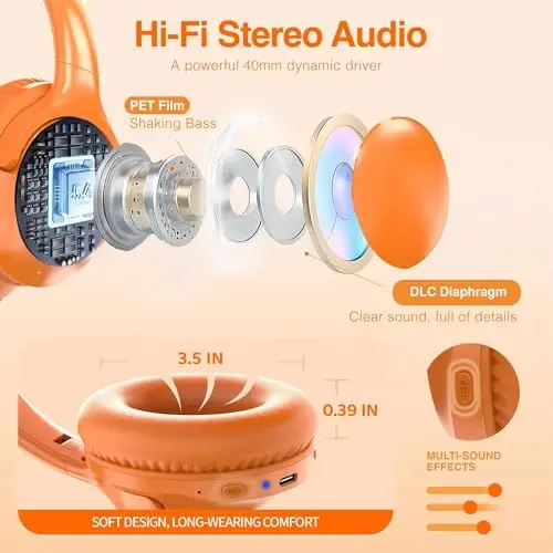 MIDOLA Bluetooth Headphones Over Ear 68H Playtime 6 EQ Wireless Headset with Microphone HiFi Stereo Foldable Lightweight Deep Bass for Travel Home Office Cellphone Orange - 5