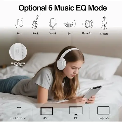 MIDOLA Bluetooth Headphones Over Ear 68H Playtime 6 EQ Wireless Headset with Microphone HiFi Stereo Foldable Lightweight Deep Bass for Travel Home Office Cellphone White - 4