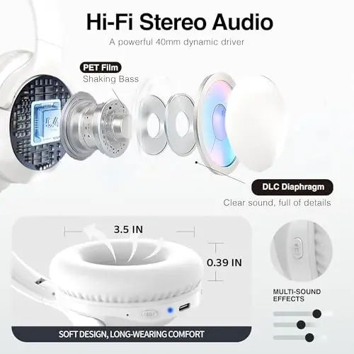 MIDOLA Bluetooth Headphones Over Ear 68H Playtime 6 EQ Wireless Headset with Microphone HiFi Stereo Foldable Lightweight Deep Bass for Travel Home Office Cellphone White - 5